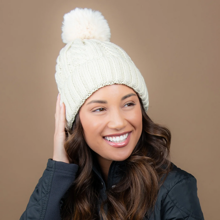 Winter Sierra Ivory Cable Knit Pom Beanie