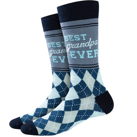Pair of socks with 'Best Grandpa Ever' text and argyle pattern on a white background