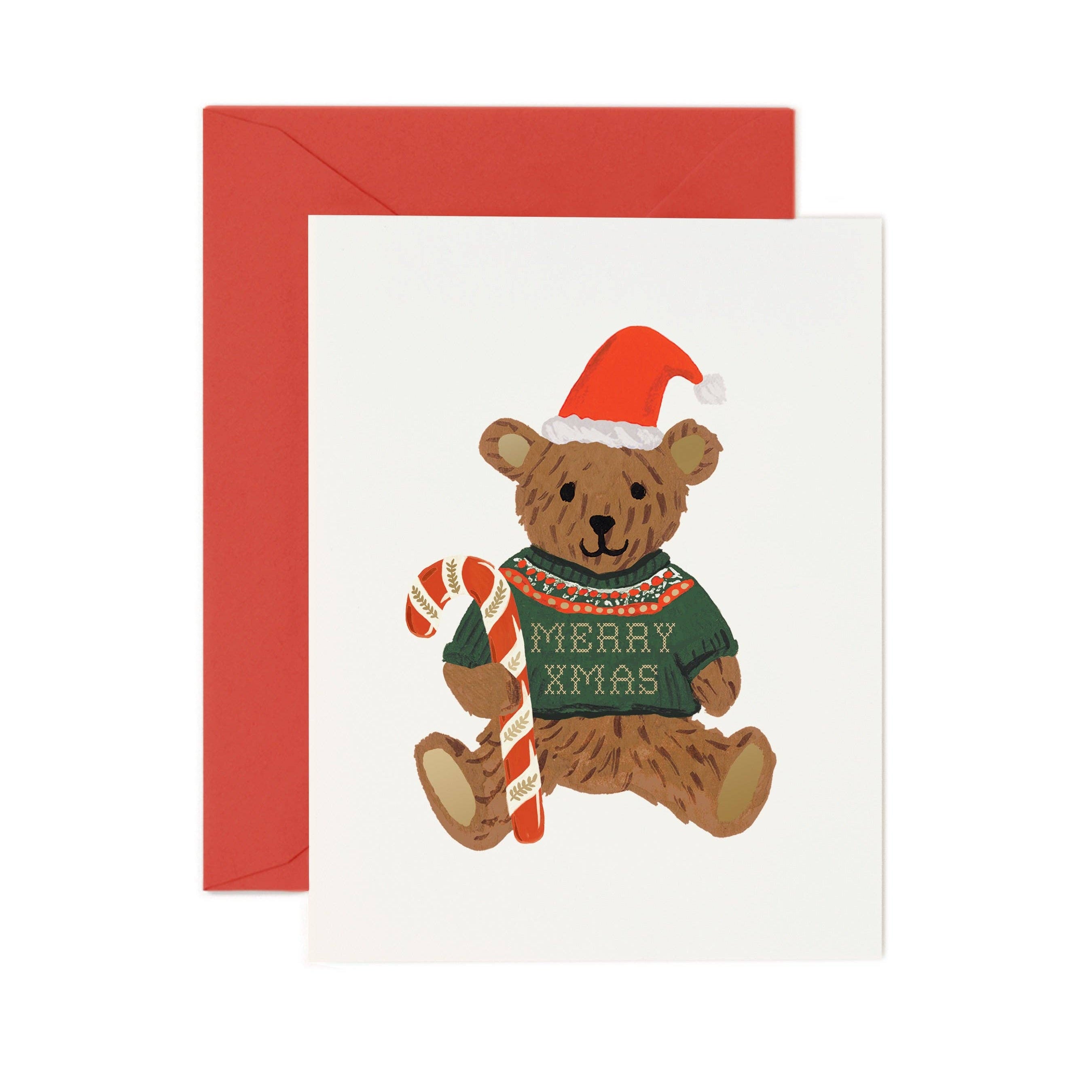 Christmas card with a teddy bear wearing a Santa hat and green sweater on a white background.