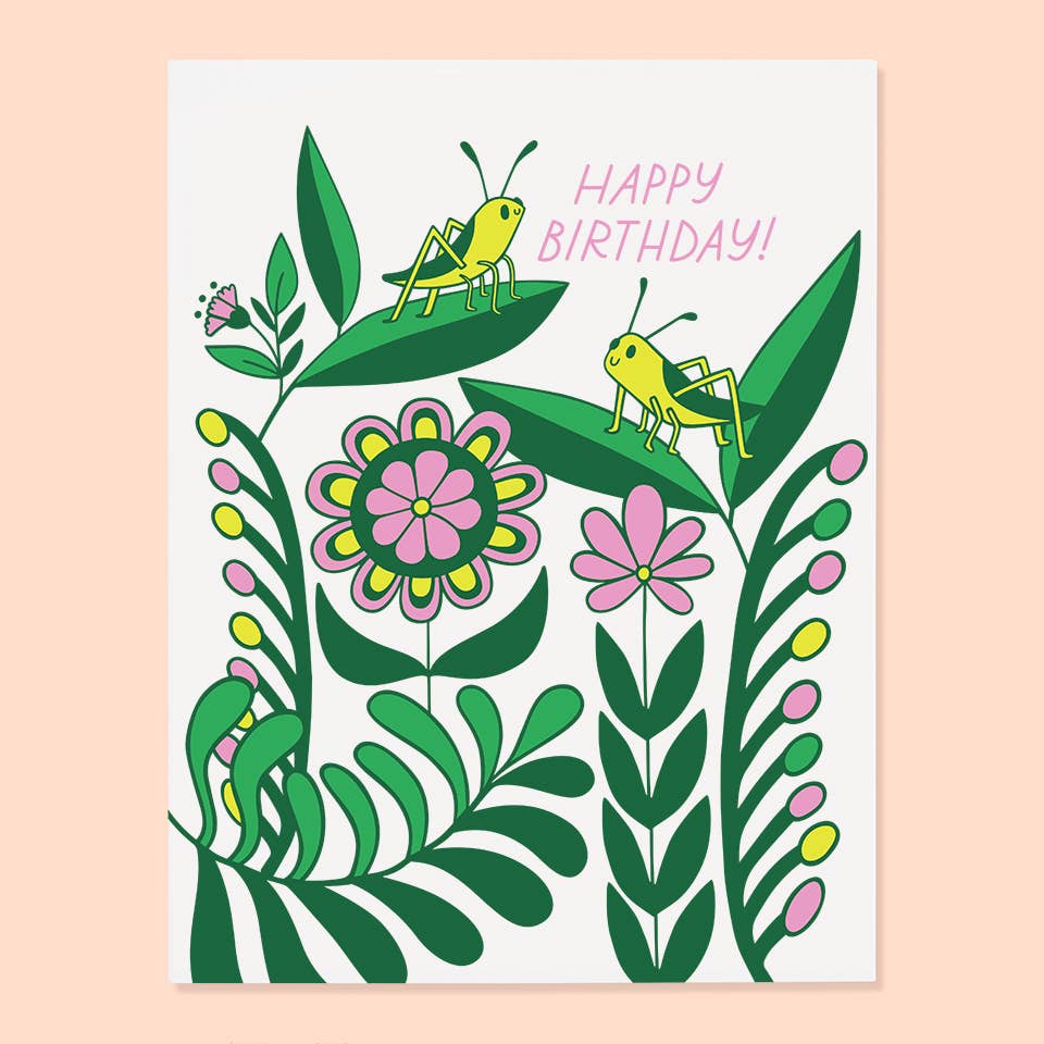 Birthday card with insects, flowers, and leaves on a white background
