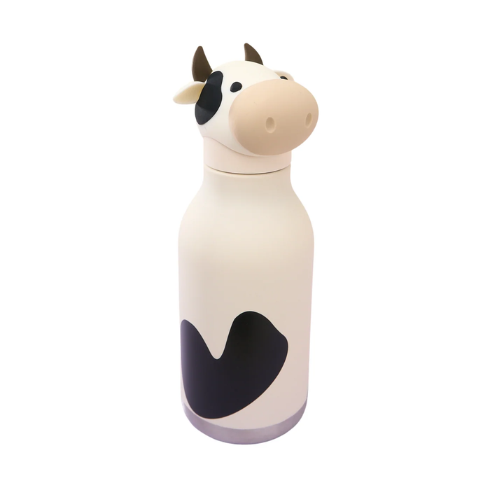 A cute cow-shaped water bottle with a white body, black spots, and a detailed cow head lid, shown on a solid white background.