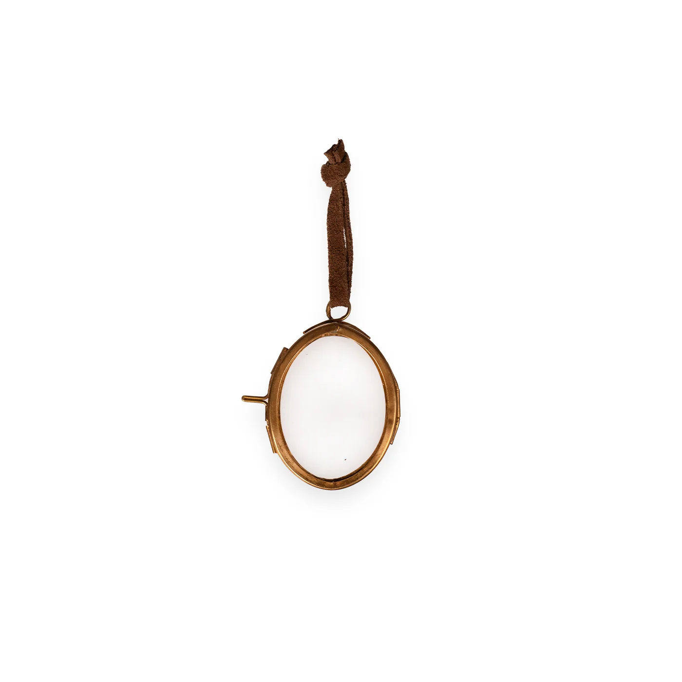 Small oval mirror with a wooden handle on a white background