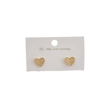 Heart-shaped gold earrings on a 'I like your earrings' card against a white background