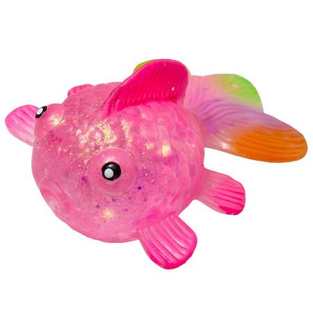 Pink fish-shaped toy with colorful tail on a white background