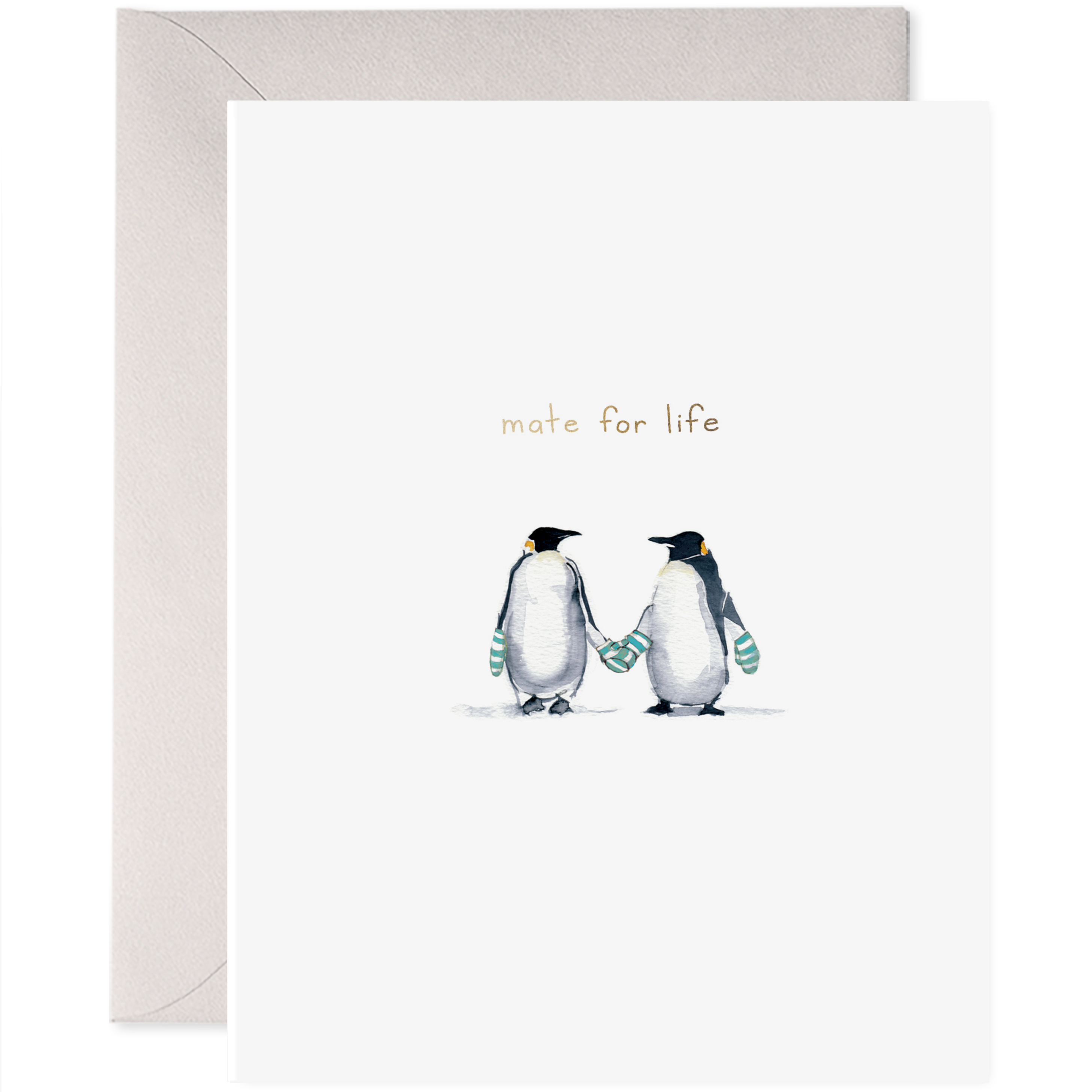 Card with two penguins holding hands and the text 'mate for life' on a white background.