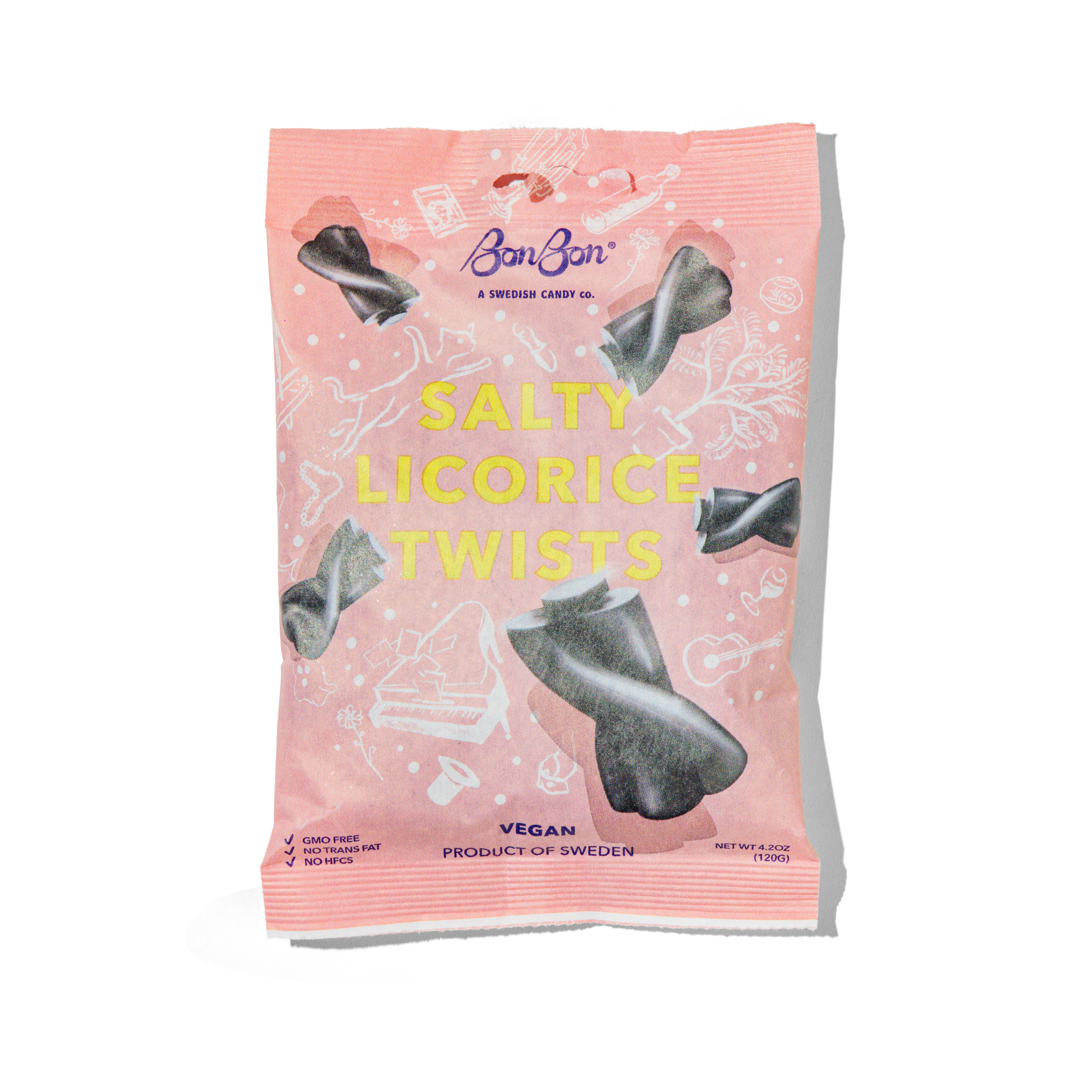 Pink package of BonBon Salty Licorice Twists on a white background