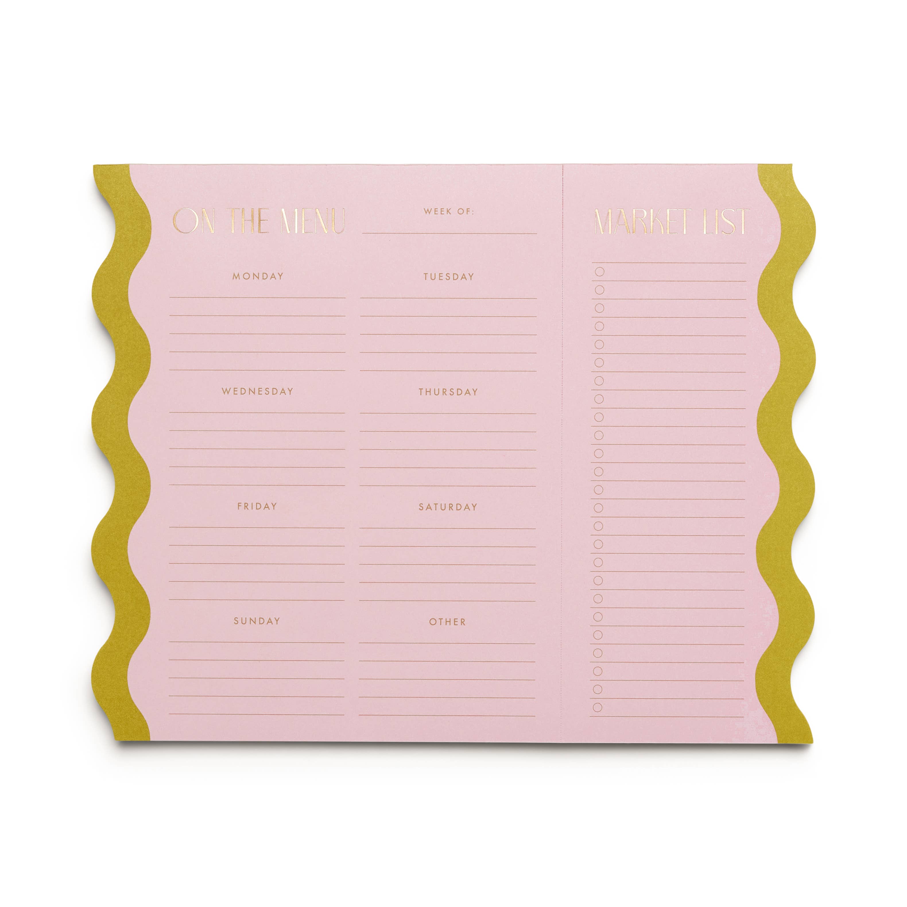 Pink planner with gold accents on a white background
