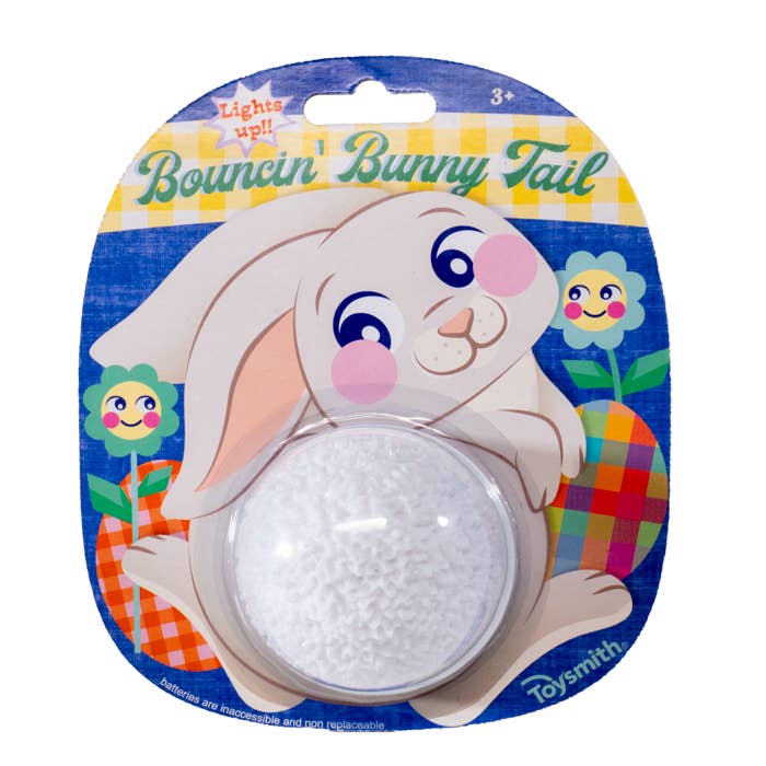 Bouncin' Bunny Tail toy packaging with a bunny design on a colorful background