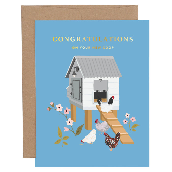 Greeting card with a chicken coop illustration and chickens on a blue background, featuring a brown envelope.