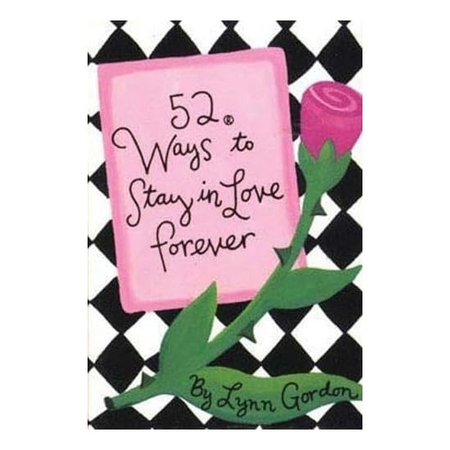 Box cover of '52 Ways to Stay in Love Forever' with a pink cover and green stem on a black and white checkered background.