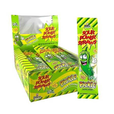 Packaging of Pickle candy straws with green and yellow design.