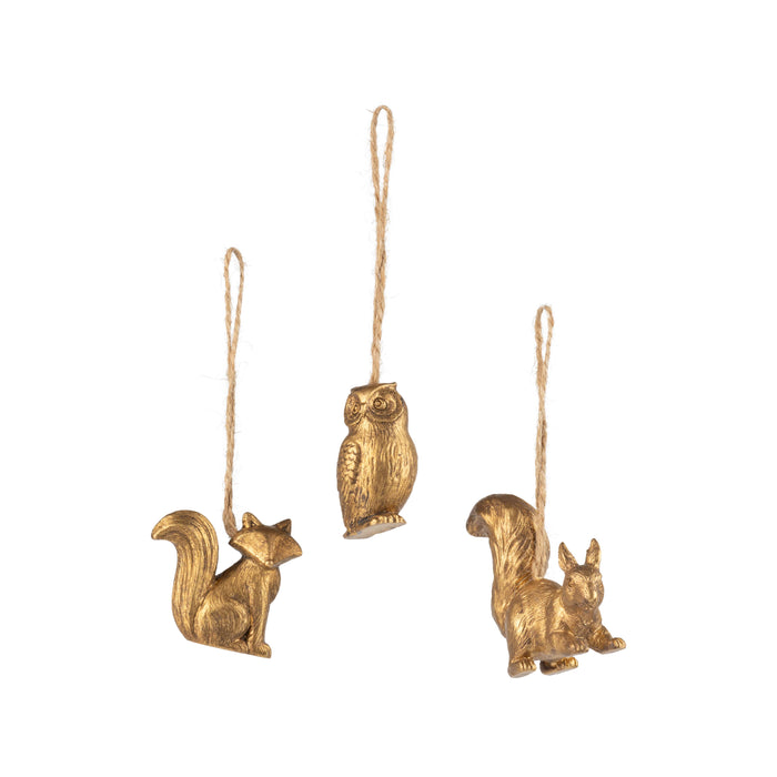 A23714:3 Asst'd resin forest animal orn, ant gold, 2 in