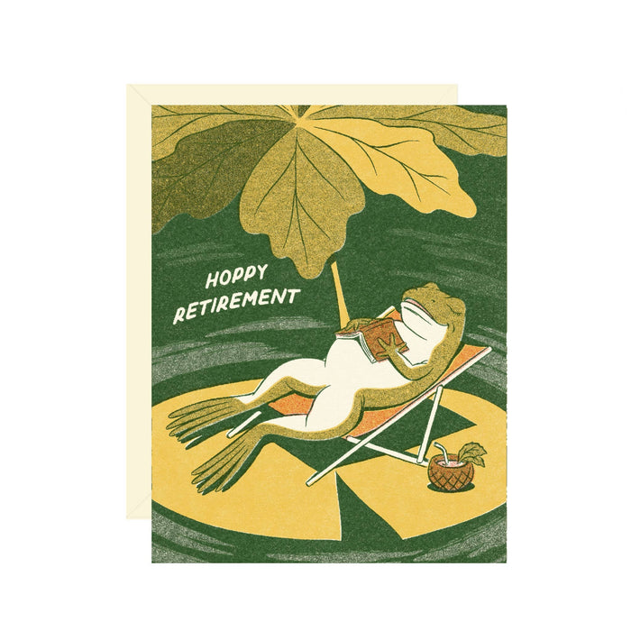 Card reading "Hoppy Retirement" featuring a frog lounging in a chair atop a lilly pad.