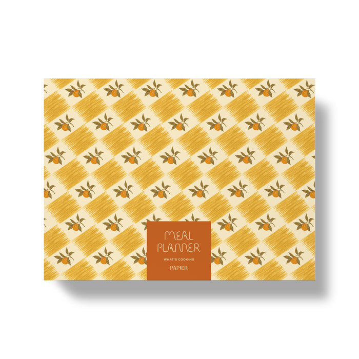 Meal planner with a yellow and orange pattern on a white background