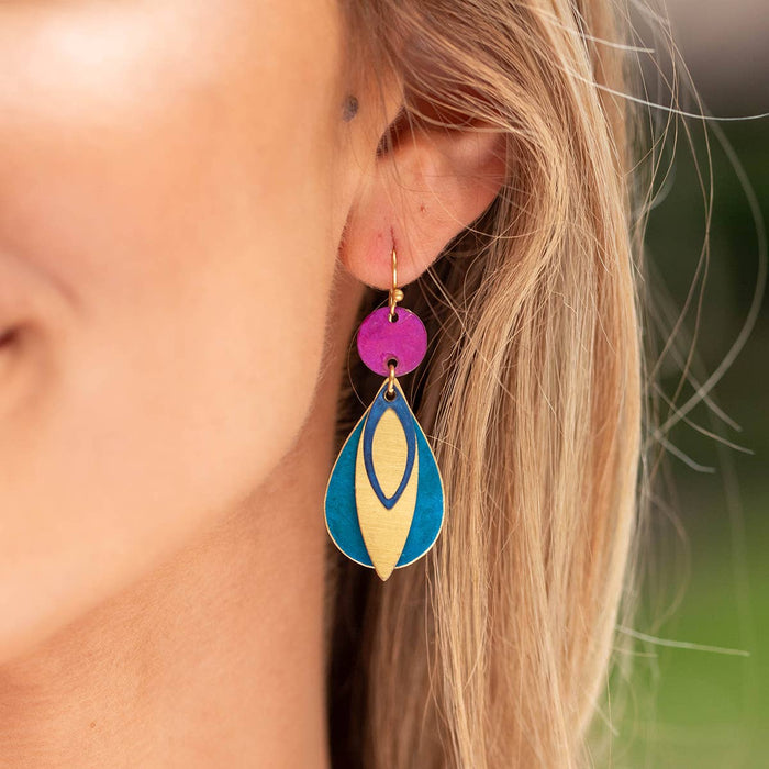 Brass Patina Earrings - Fuschia and Blue Layered Teardrop