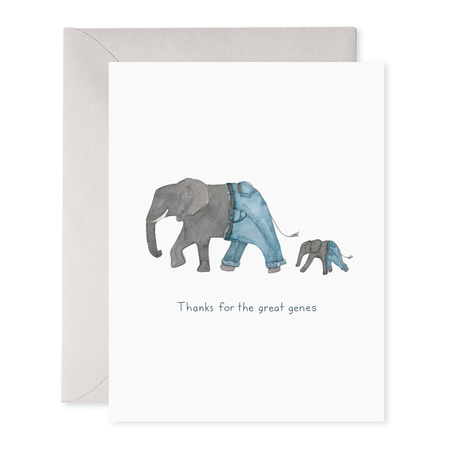 Greeting card with illustration of an elephant wearing jeans and a baby elephant, with text 'Thanks for the great genes'.