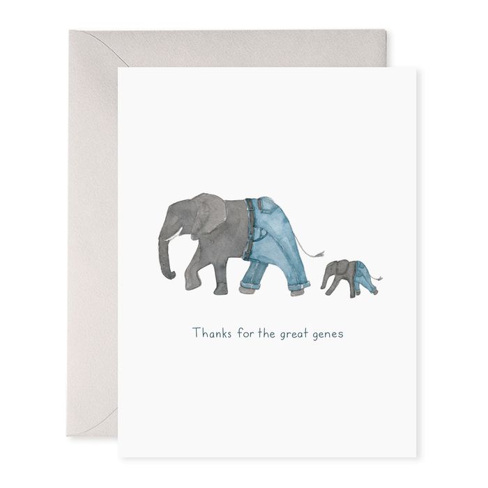 Greeting card with illustration of an elephant wearing jeans and a baby elephant, with text 'Thanks for the great genes'.