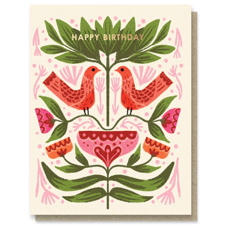 Birthday card with birds, flowers, and 'Happy Birthday' text on a beige background