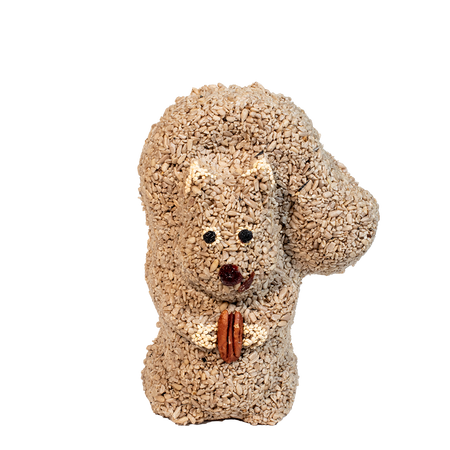 Squirrel made of bird seed on a white background