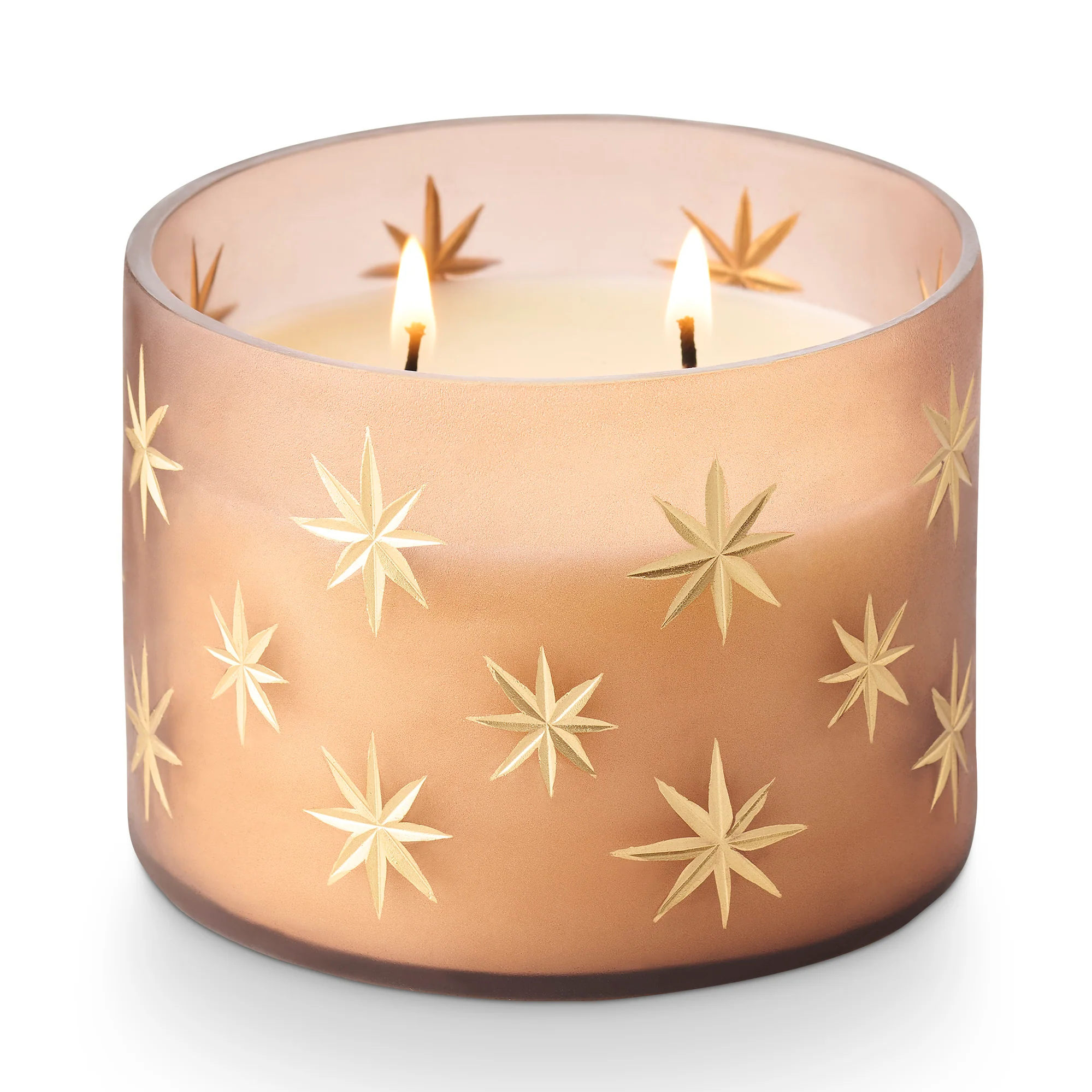 Brown frosted glass candle with a holiday gold star design.