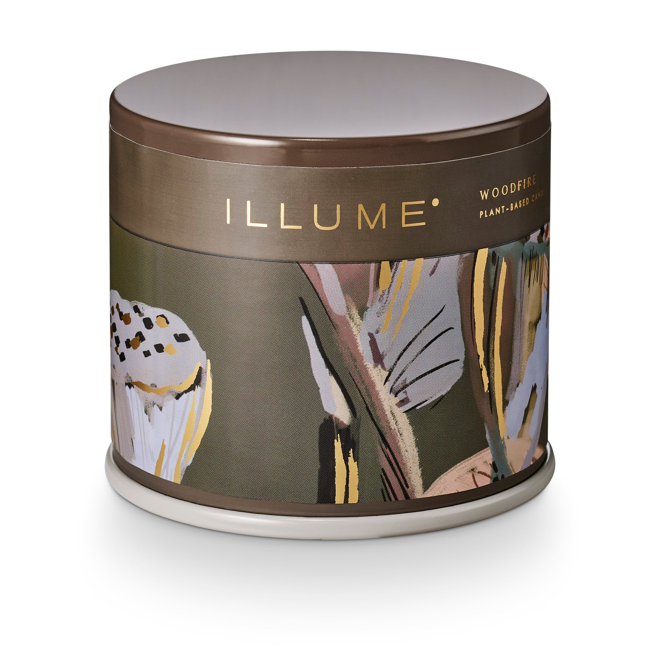 brown illume woodfire candle tin with gold accents