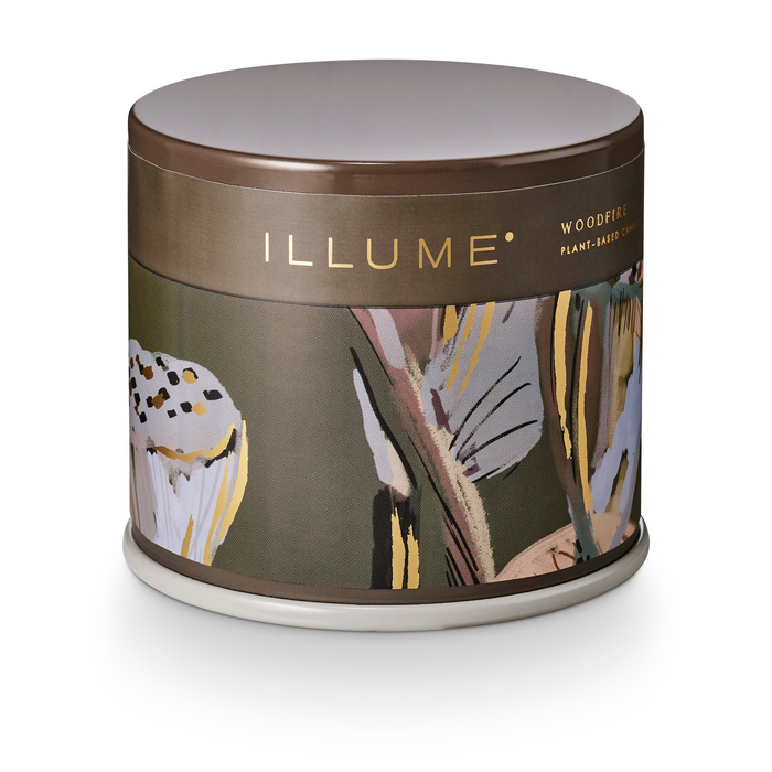 brown illume woodfire candle tin with gold accents