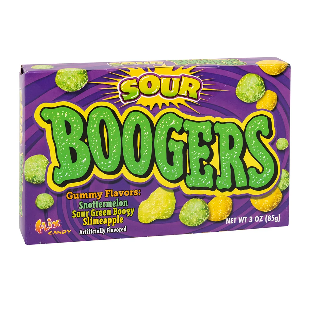 Box of Sour Boogers gummy candies with purple and green design.