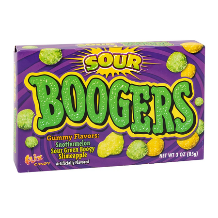 Box of Sour Boogers gummy candies with purple and green design.
