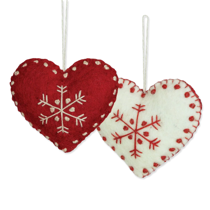 Two heart-shaped ornaments with snowflake patterns on a white background