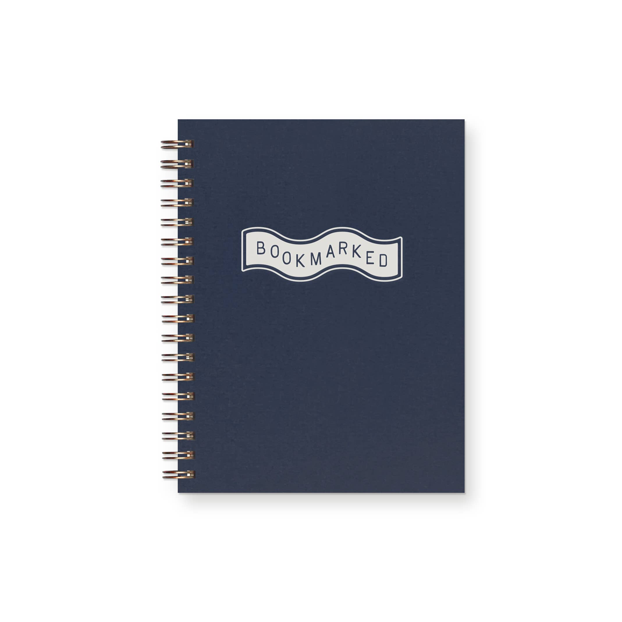Navy blue notebook with 'Bookmarked' logo on a white background