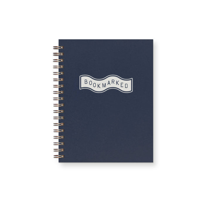 Navy blue notebook with 'Bookmarked' logo on a white background