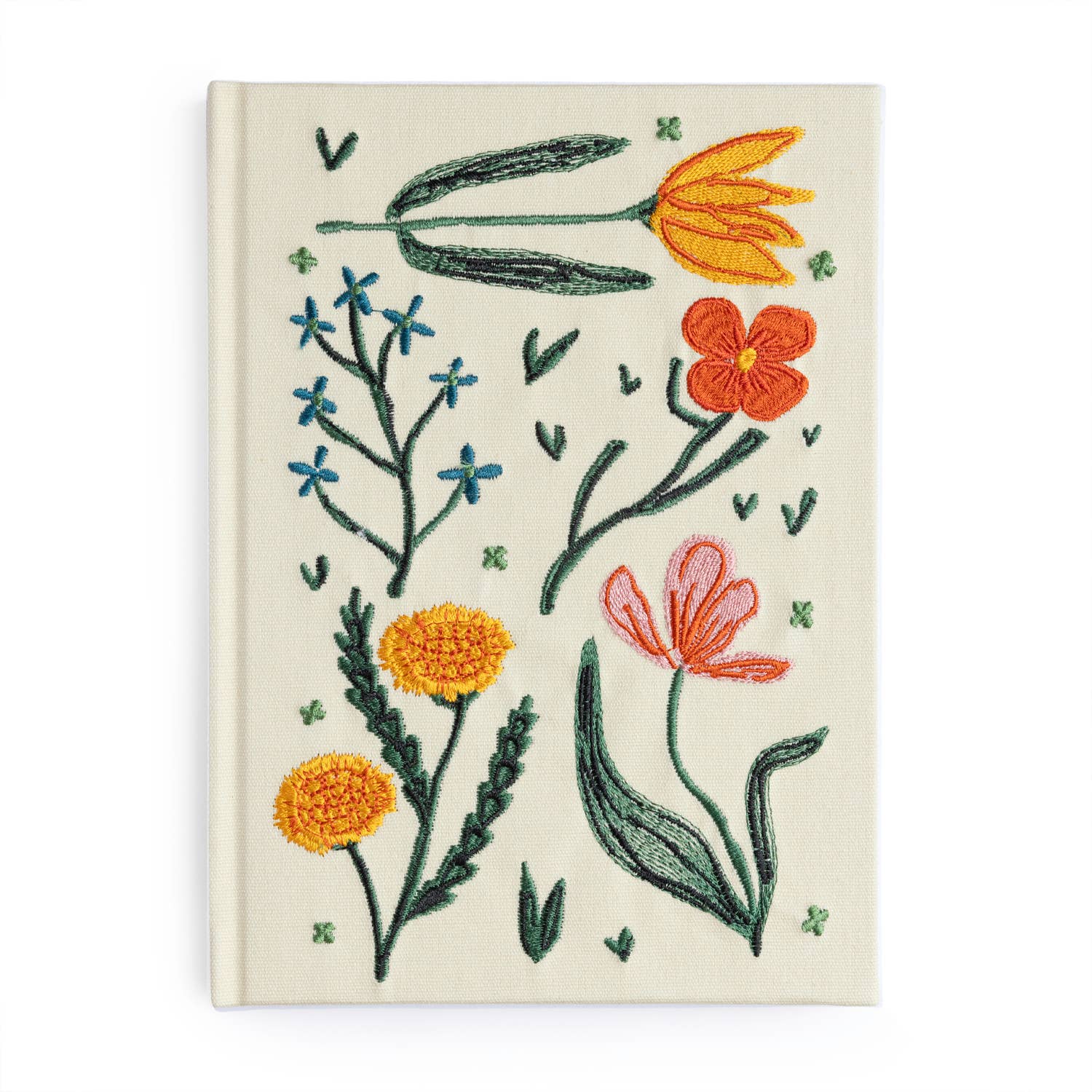 Embroidered notebook cover with colorful flowers on a white background