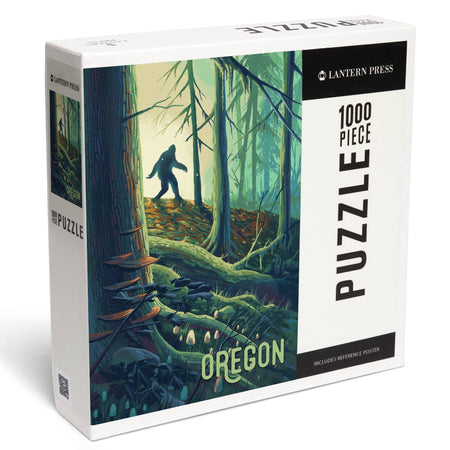Puzzle box with a forest and Bigfoot design, featuring Lantern Press branding.