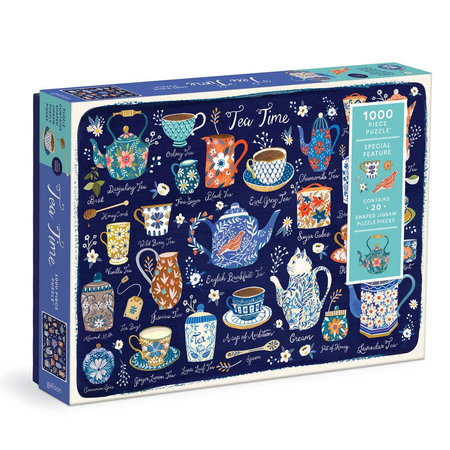 Tea-themed puzzle box with illustrations of teapots and cups on a blue background