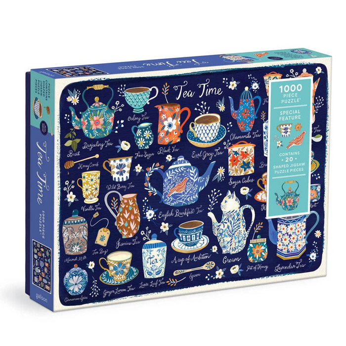 Tea-themed puzzle box with illustrations of teapots and cups on a blue background
