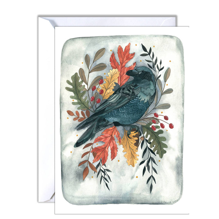 Greeting card with a crow and autumn leaves design on a white background