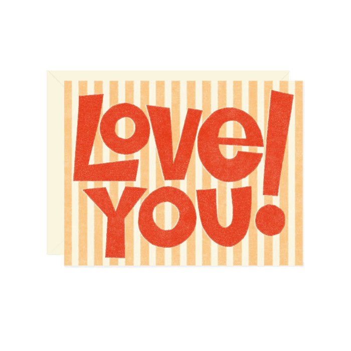 Card with 'Love You!' text on a striped background