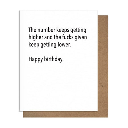 Birthday card with humorous text on a white background with brown border