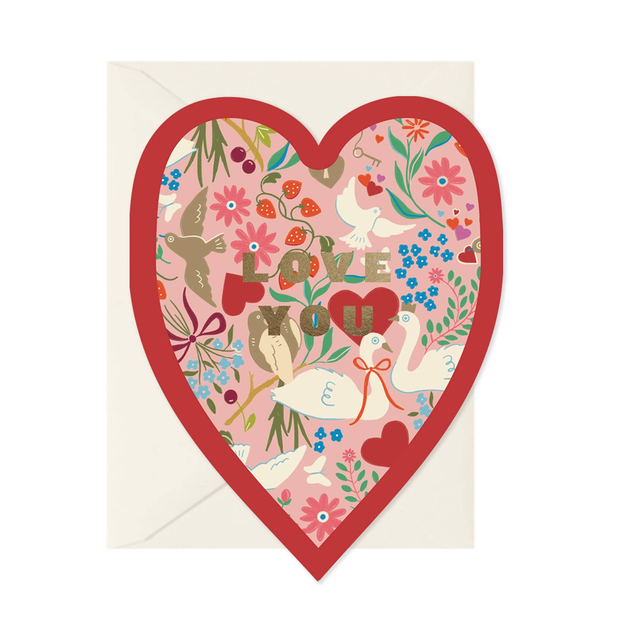 Heart-shaped card with floral and bird designs, featuring the text 'I love you'.
