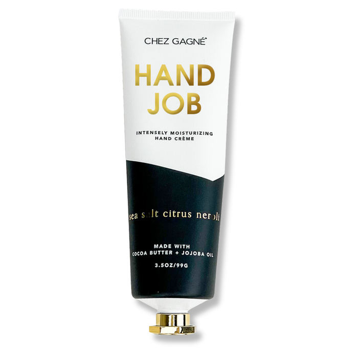 Hand cream tube labeled 'Hand Job' by Chez Gagne on a white background
