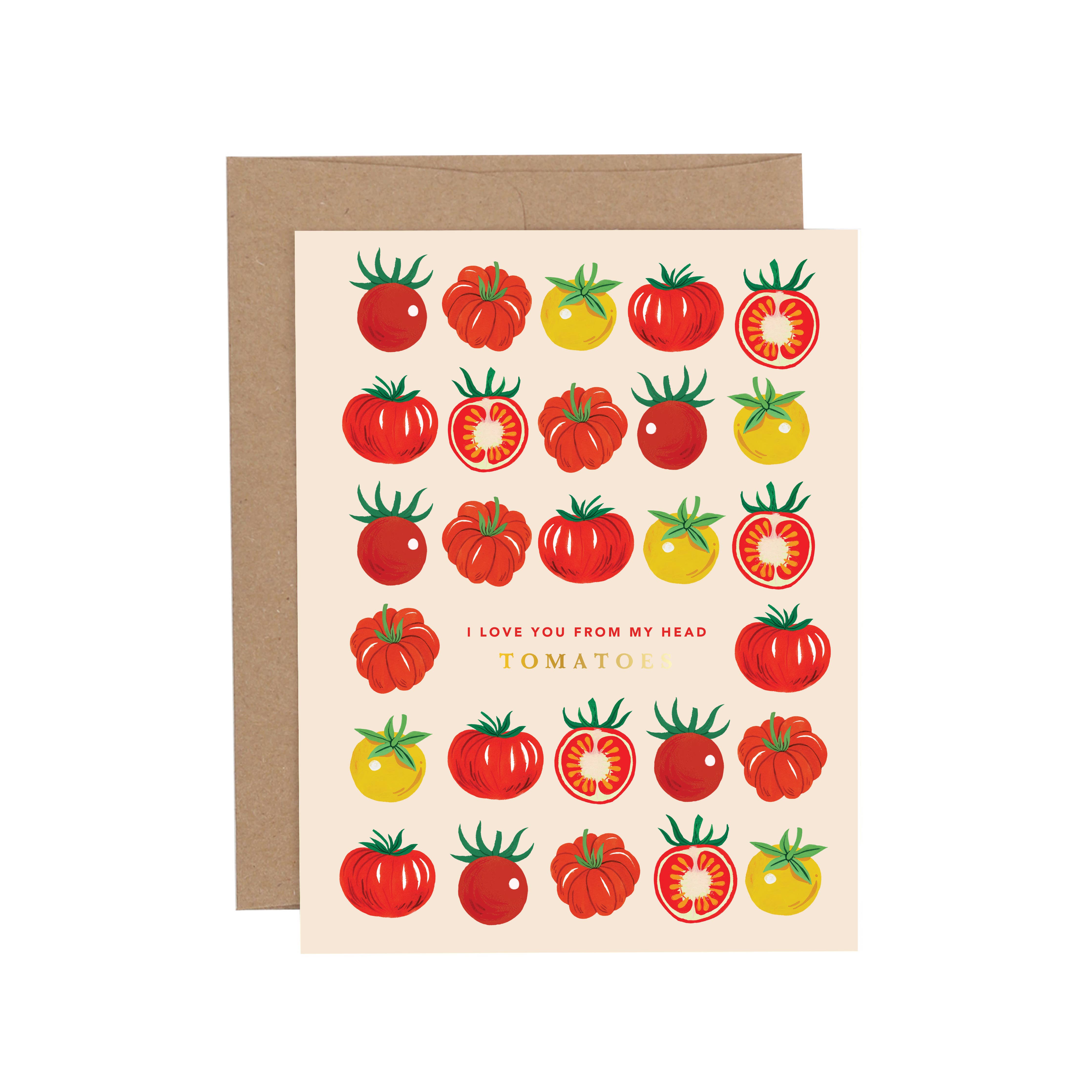 Card with tomato illustrations and text on a beige background