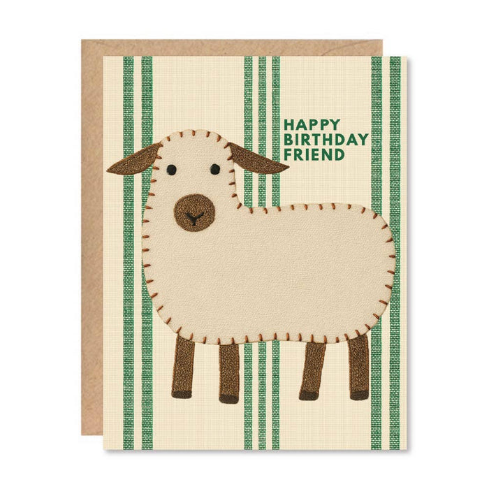 Birthday card with a sheep illustration and 'Happy Birthday Friend' text on a striped background