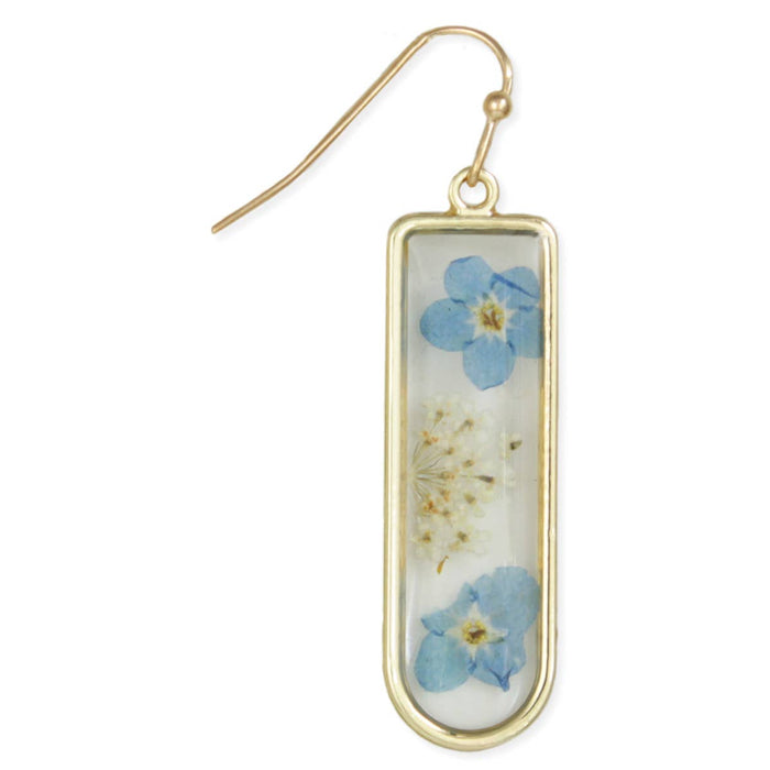 Cottage Blue Gold Bar Dried Flower Earrings