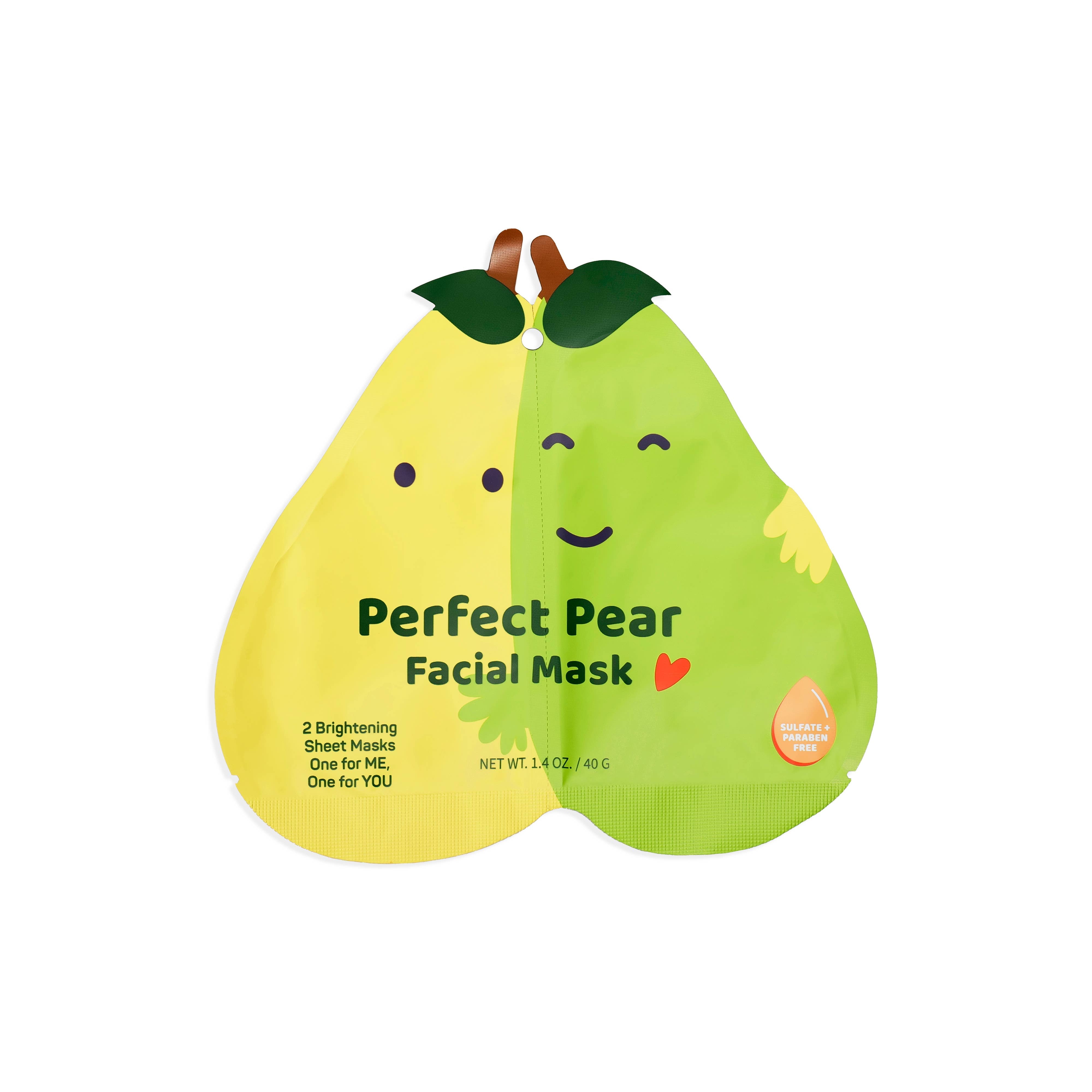 A pack of two face masks designed to resemble pears with green tops, labeled 'Perfect Pear Facial Mask' with a heart symbol, indicating one for you and one for your Valentine.