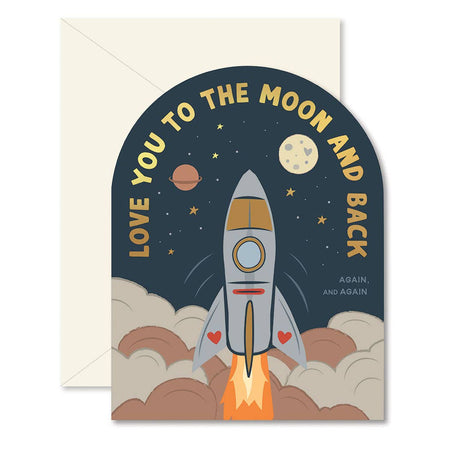 Card with a rocket and 'Love you to the moon and back' text against a space-themed background.