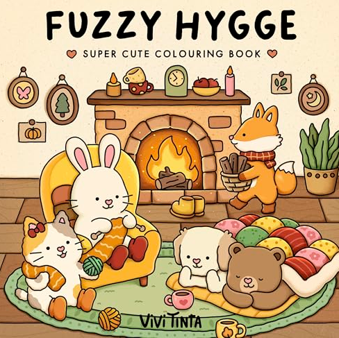 Illustrated cover of a children's coloring book titled 'FUZZY HYGGE' with the subtitle 'SUPER CUTE COLOURING BOOK'. The artwork shows a cozy room scene with a rabbit in a yellow armchair by a fireplace, a cat hugging the rabbit, a fox carrying logs, a teddy bear on a cushion, and the brand name 'VIVI TINTA' at the bottom.