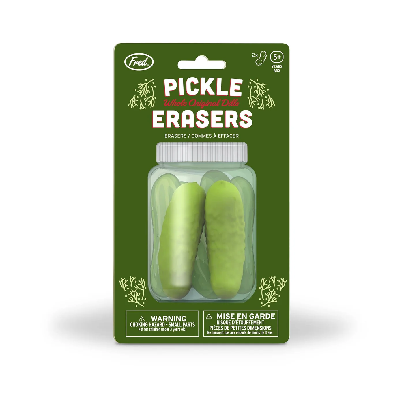 Packaging of pickle-shaped erasers with a green background