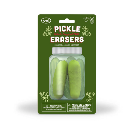 Packaging of pickle-shaped erasers with a green background