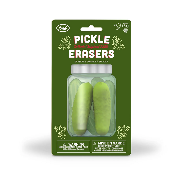 Packaging of pickle-shaped erasers with a green background