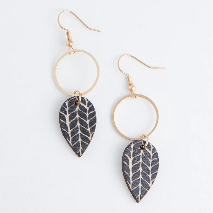 Pair of earrings with leaf-shaped charms on a white background